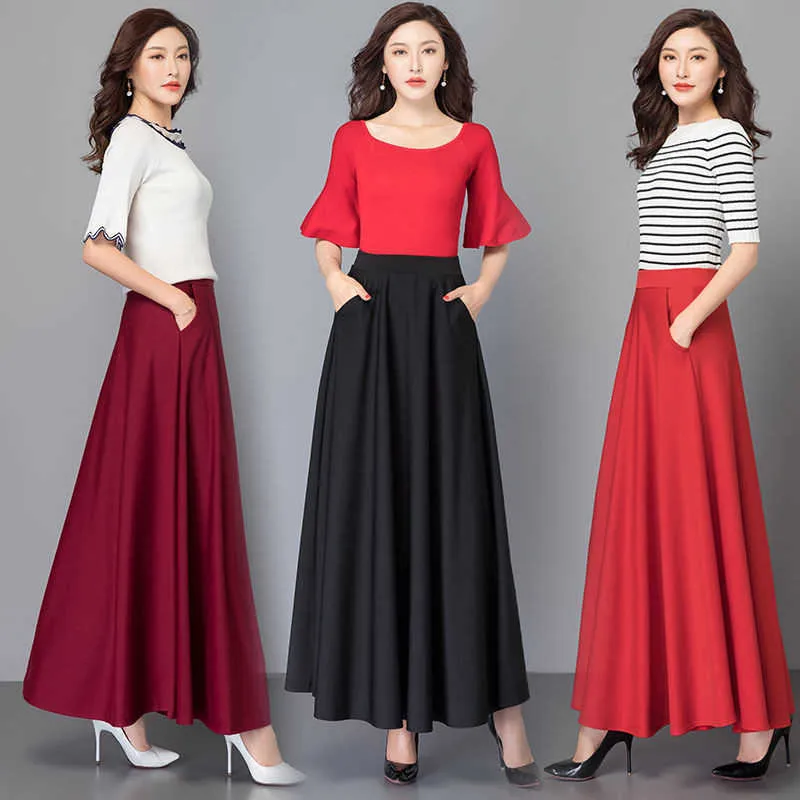 Elegante talla grande 3xl falda plisada coreana rojo negro color sólido faldas largas mujeres cintura alta vintage gran swing oficina maxi saia 210619