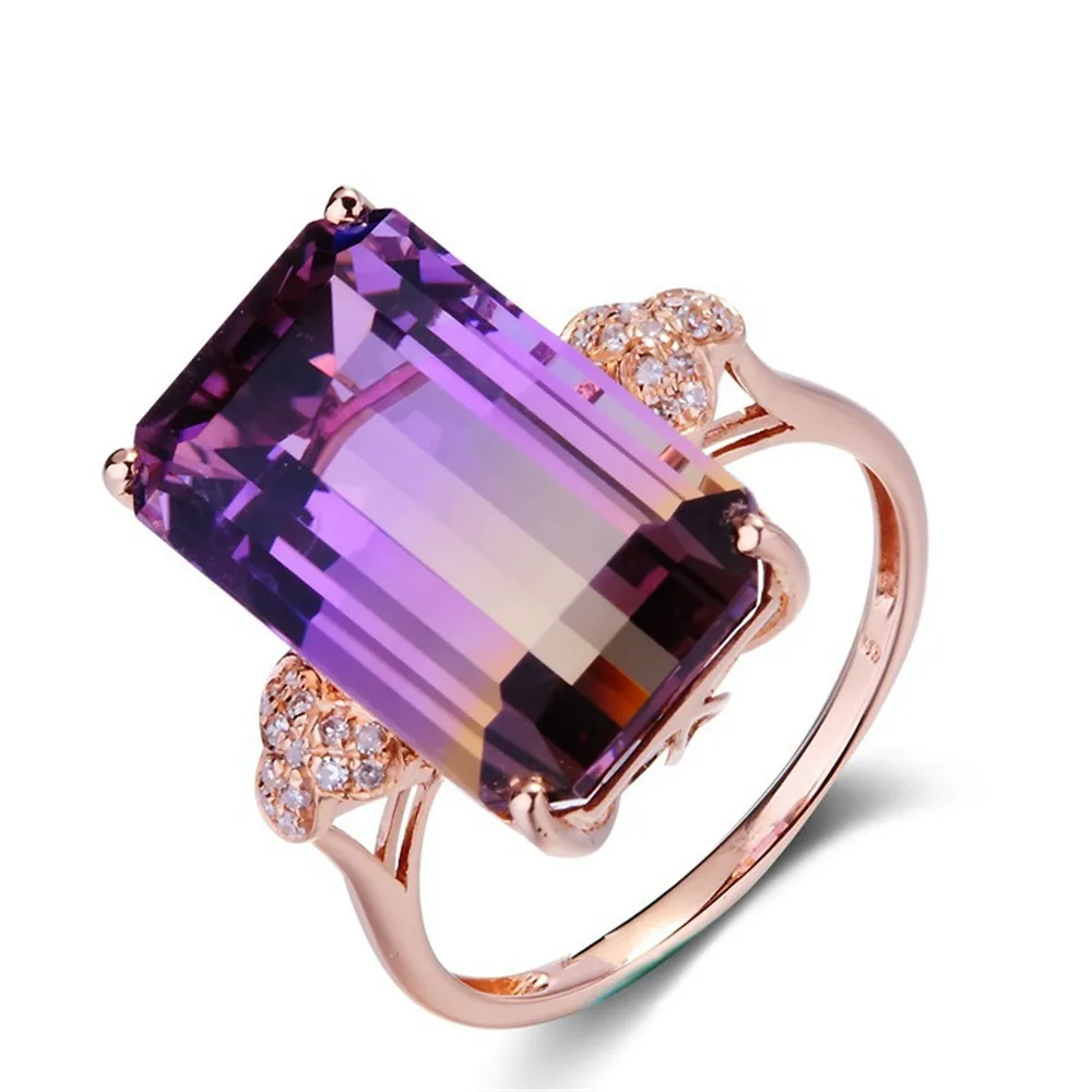14k rose ouro cor gemstones anéis para mulheres citrino ametista cristal zircon diamantes de luxo coquetel baga presente de jóias