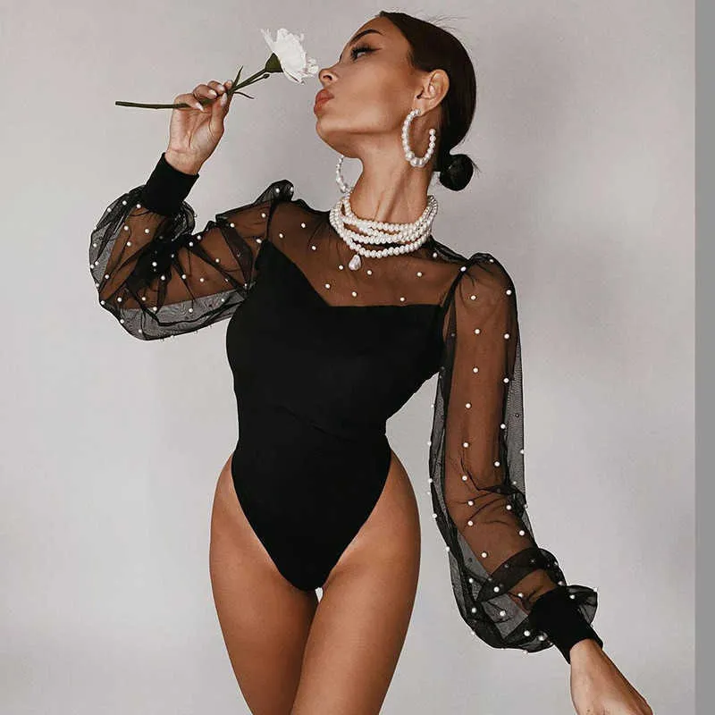 Spring sesy mesh patchwork bodysuits vrouwen rompers mode zie door magere lantaarn mouw jumpsuits vrouwelijke elegante tops 210625