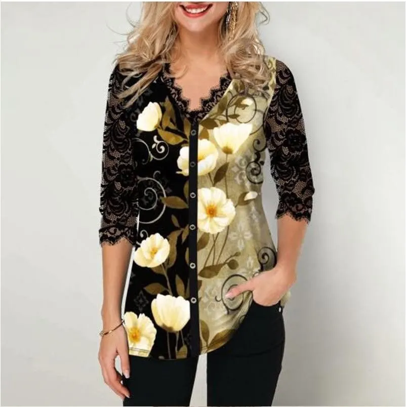 Plus Size 4xl 5x Pullovers Blouse shirt Boho Print Lace Splice Women's Tops V-neck Loose Casual Summer Female Tee Shirt 210326