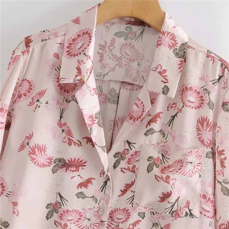 Frauen Shirts Rosa Blumen Druck Button Up Weibliches Hemd Frühling Mode Tasche Langarm Streetwear Elegante Bluse 210519