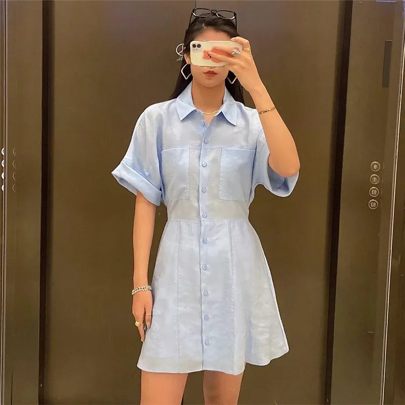 Mulher vestido azul mini camisa mulheres botão de moda verão até manga curta es senhoras casual es 210519
