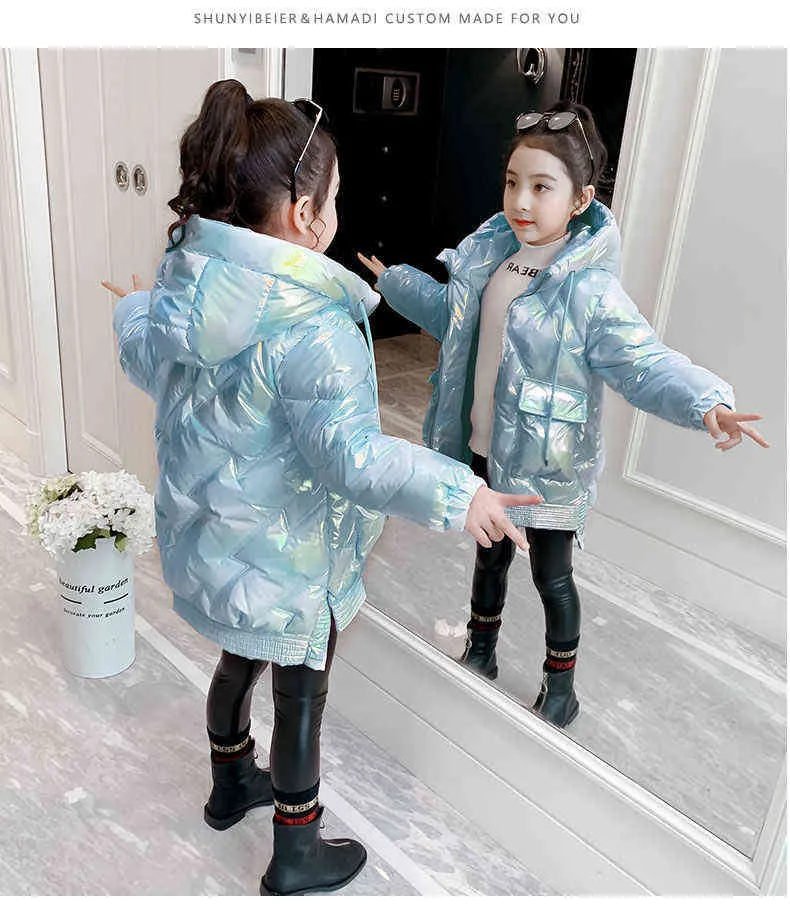 Girls Coats Winter Bright Waterproof Padded Jacket Kids Down Cotton Thick Warm Outwear Children Clothing 6 8 12 Year 211222