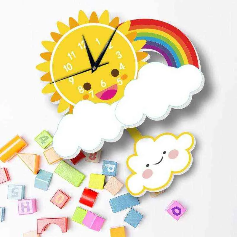 Pendulum Clocks Kids Wall Clock for Children Room Rainbow Cartoon Sun Slient Cloud Watch Study Living Room Decoration Home Decor H1230