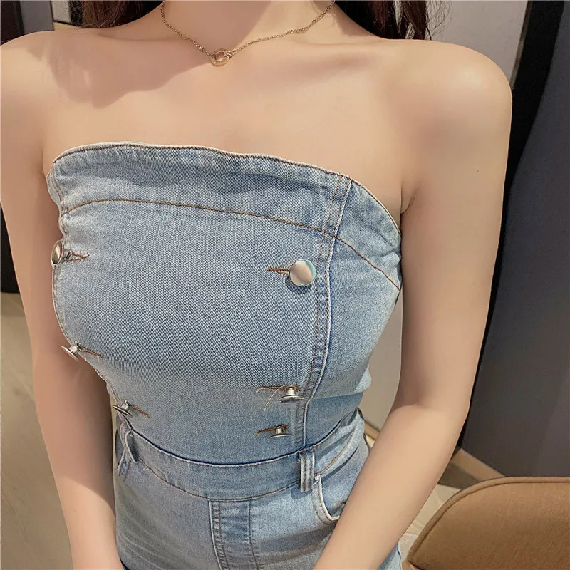 Spring Women Strapless Jeans Jumpsuits Buttons Sexy Woman Fashion Pockets Split Denim High Waist Slim Jumpsuit 210518