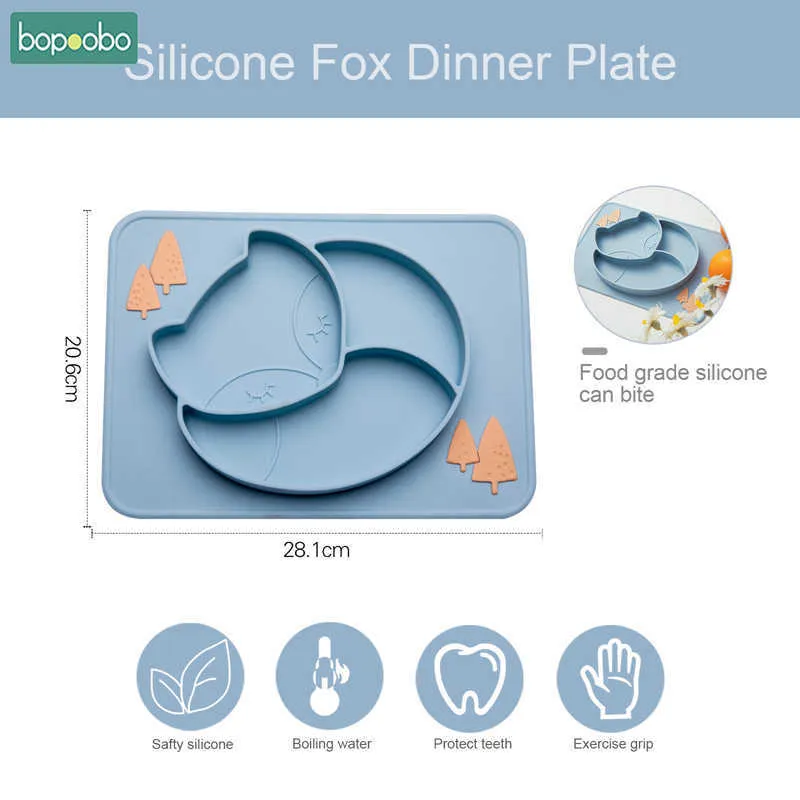 Bopoobo Baby Plate Grade Grade Silikonowe Cartoon Wzór antypoślizgowy Kid Stołowiec Cukierki Kolor Podzielony Podawanie GIFS 211026