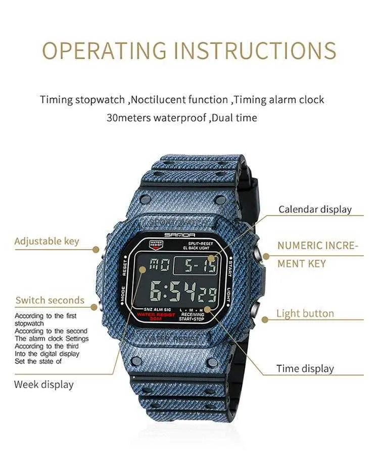 SANDA 339 Watches Men Women Sport Watch Waterproof Fashion Denim Military Wristwatch For Men LED Digital Clock Relogio Masculino G1022