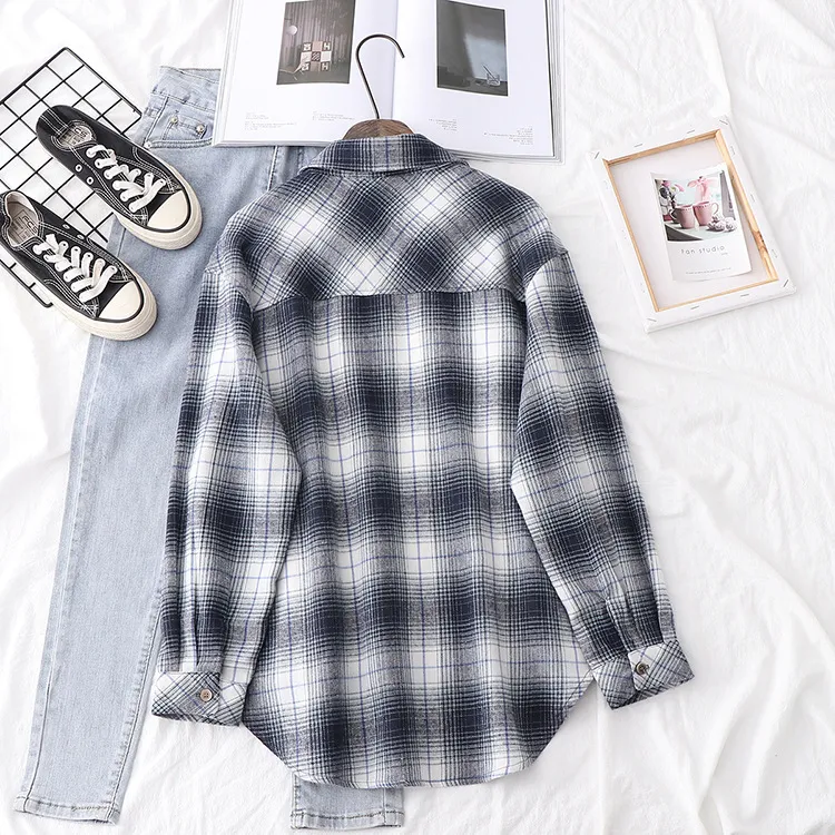 HSA Autumn Spring Plaid Flannel Shirt Women Blouses And Tops Retro Cotton Lady Loose Outwear Korean Femme 210430