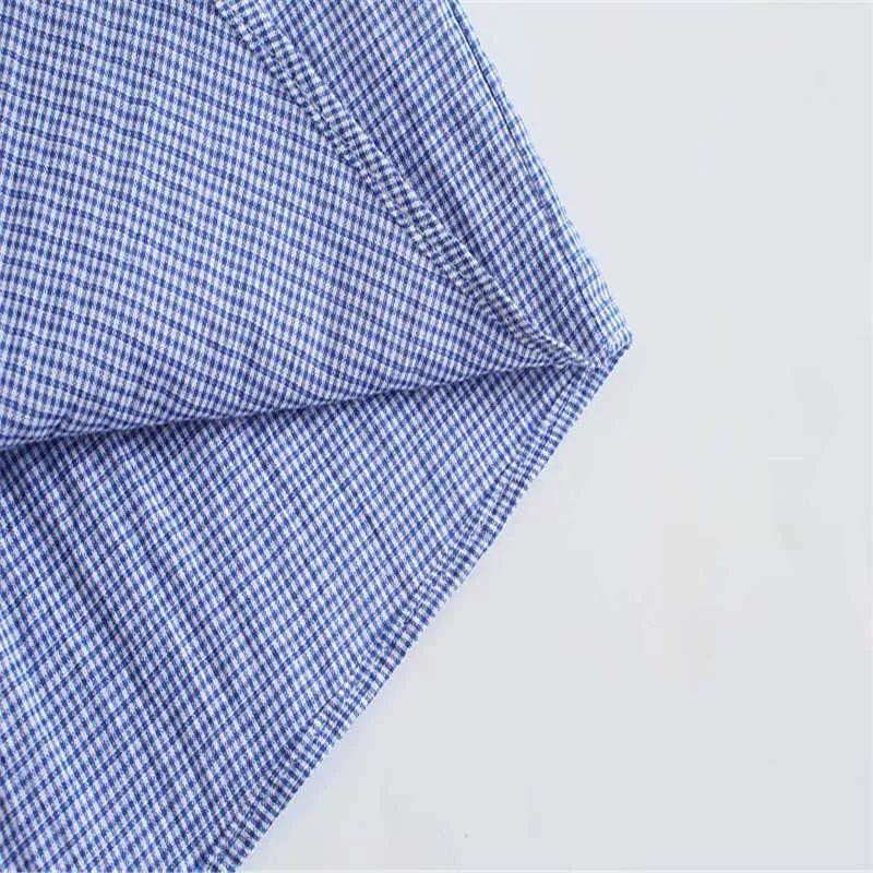 Za Женщины обрезанные рюшами верхняя часть короткого слоеного рукава квадратный шеи плед синий летняя блузка женщина шикарная эластичная винтажная свободная рубашка 210602
