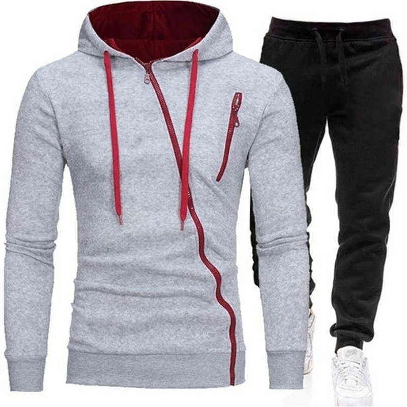 Chándales para hombres de otoño Sudadera con capucha de 2 piezas + Pantalones Traje deportivo Suéter Ropa con cremallera Ropa deportiva Tamaño M-4XL 211220