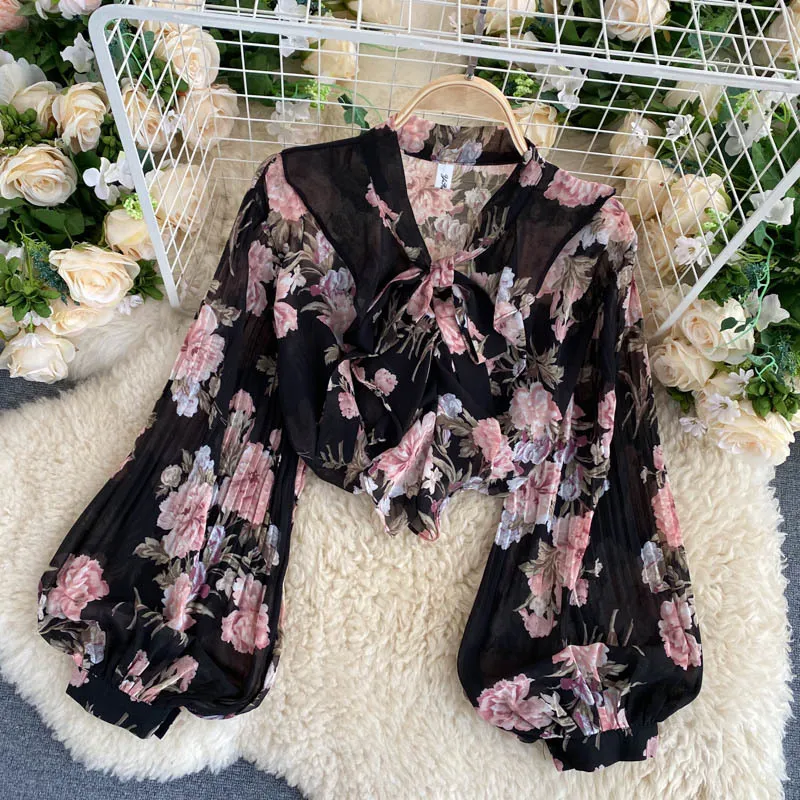 Neploe Floral Women Blouses Bow Tie Collar Lantern Long Sleeve Blusas Mujer Shirt Summer Korean Elegant Woman Chiffon Tops 210326