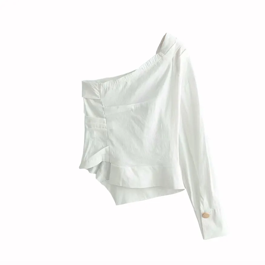 Traf Women Bluzki Vintage Sexy One Remer Tops Fashion Nieregularny kołnierz plisowane stylowe białe koszule Blusas Mujer 210326
