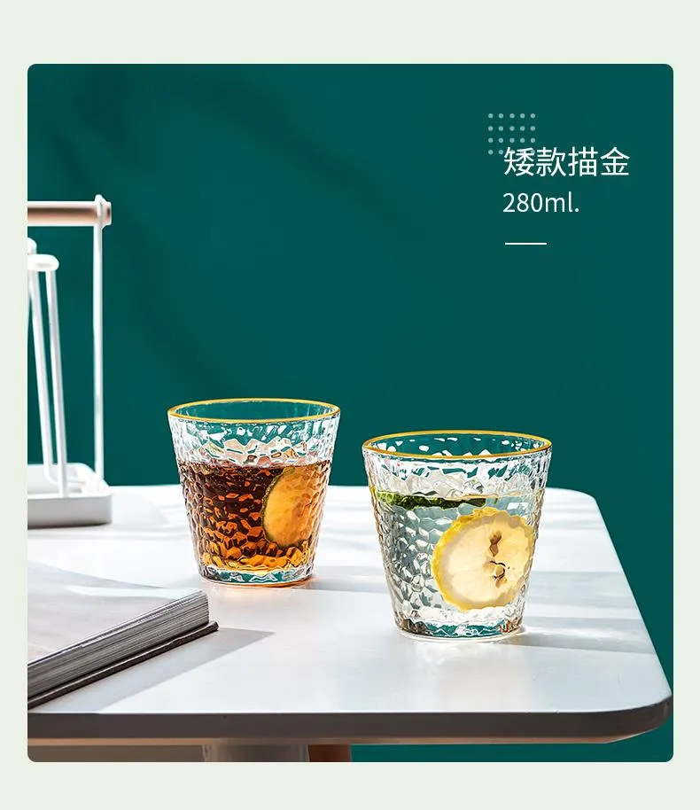 Copo de vidro com borda dourada, martelo japonês, conjunto para beber leite, suco, cerveja, chá, vinho, copos253d
