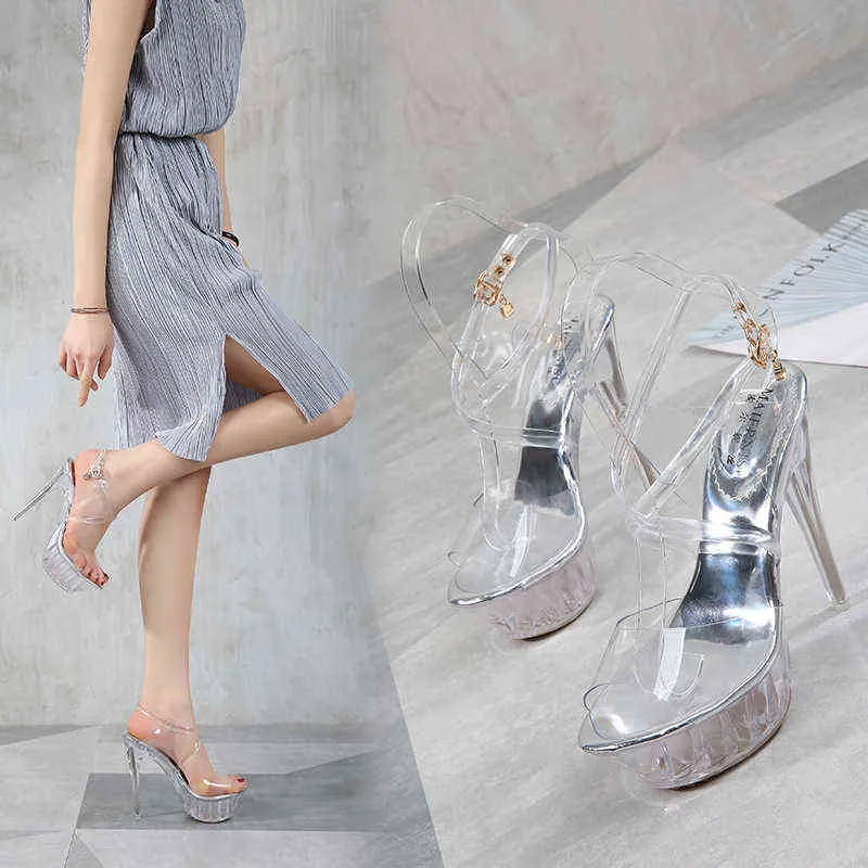 샌들 방수 플랫폼 플러스 사이즈 Catwalk 샌들 모델 섹시한 투명한 하이힐 크리스탈 Vamp 중공 라인 석 여성 신발 220309