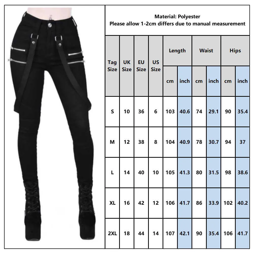 Женские готические брюки-карандаш Брюки с поясом на молнии Женская уличная одежда Длинные брюки Однотонные черные длинные брюки в стиле хип-хоп D30 210802