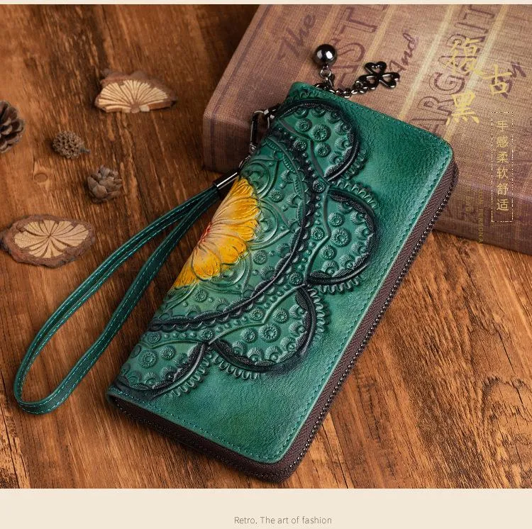 Women Genuine Leather Purse Long Clutch High Quality Cowhdie Phone Flower Purse Wallets