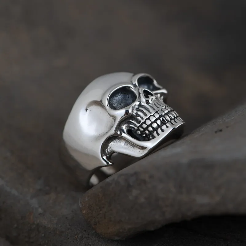 APINJE S925 Sterling Silver Dla Mężczyzn Hip Hop Rock Pierścień Szkielet Biker Mężczyźni Biżuteria