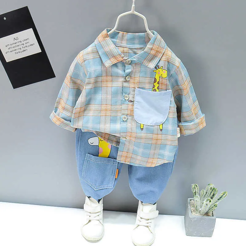 Herfst Lente Baby Jongen Mode Cartoon Kleding Set Kid Past Set Plaid Shirt Broek 2 stks / set Kinderkleding Set 1 2 3 4 5 jaar x0902