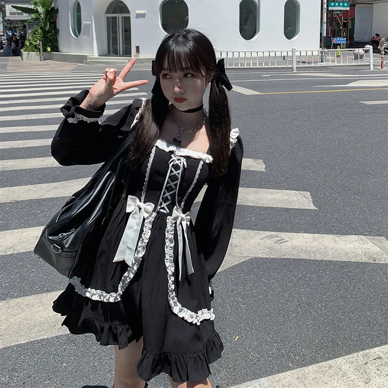 Abito gotico Lolita giapponese Ragazza Patchwork Vintage Designer Mini abito Stile giapponese Abiti Kawaii Abiti autunnali donna 210329