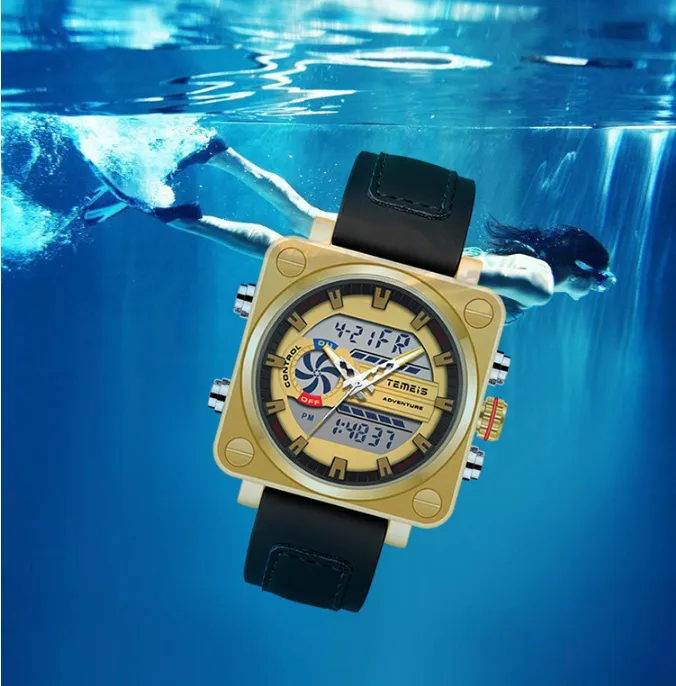TEMEIS квадратные многофункциональные электронные мужские часы со светодиодной подсветкой высокой четкости секундомер прочный кожаный ремешок наручные часы279G