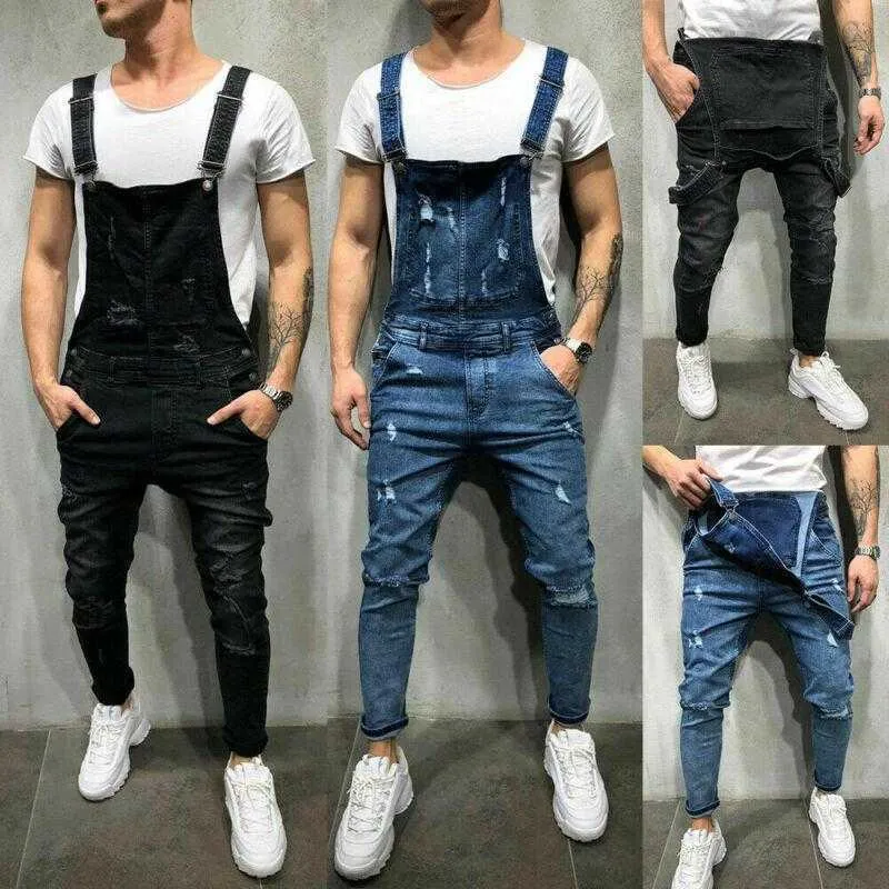 2021 Högkvalitativa Mäns British Style Denim Bib Byxor Full längd Jumpsuits Hip Hop Ripped Jeans Overaller för Män Streetwear X0621