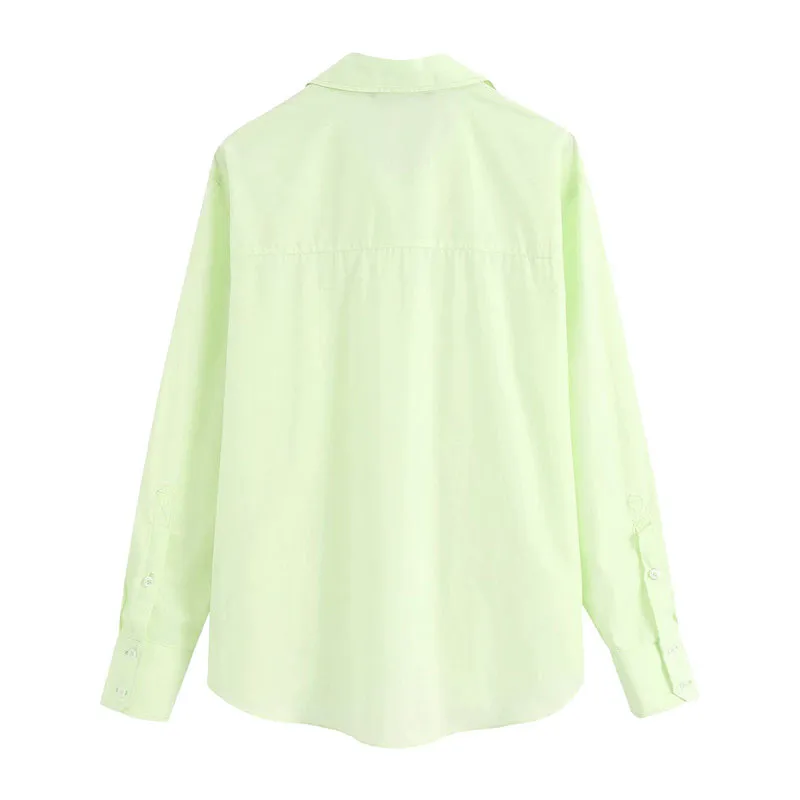 女性エレガントなファッションライトグリーンポケットボタンアップブラウスビンテージラペルカラー長袖シャツ女性シックトップ210520