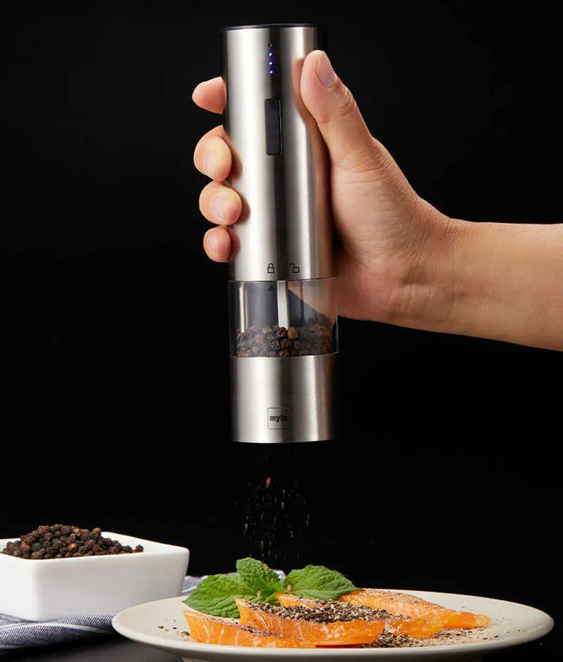 Professionell elektrisk kvarnpeppar och saltkvarn med justerbar slipning lätt att fylla peppar kryddor köksredskap 210611