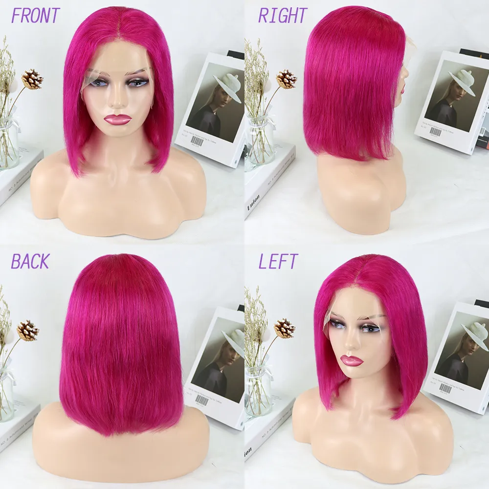 Court Bob 13x4 Lace Front perruques Rose rouge droite perruque de cheveux humains brésilien Remy 150% pré plumé pour les femmes