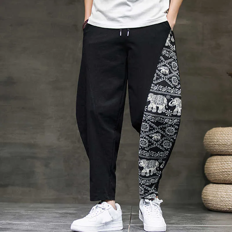 Hombres Hip-hop Harem Pantalones Pantalones de pierna ancha Casual Vintage Hombres Casual Loose Printed Harem Pantalones Elefante chino Harem Pan X0723