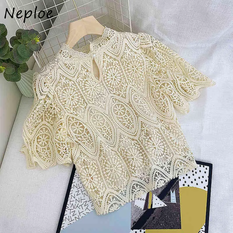 Neploe Elegant Lace Hollow Out Werk Stijl Ol Blouse Vrouwen O Hals Korte Mouw Trui Blusas Zomer Effen Shirt Femme 210510