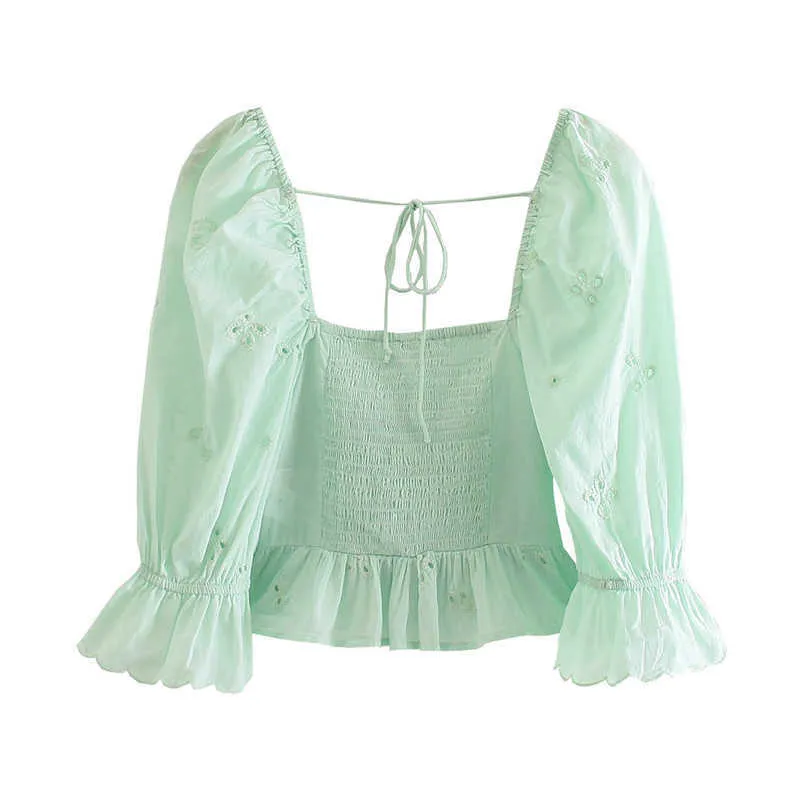 Za Summer Blouses Women Embroidered Eyelet Green Cropped Blouse Puff Sleeve Smocked Elastic Ruffle Embroidery Vintage Top 210602
