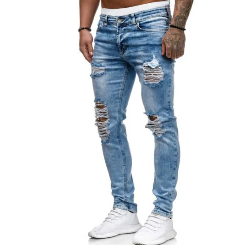 Män rippade skinny jeans hål penna denim byxor moto biker party casual cowboy byxor gata män kläder 2020 x0621