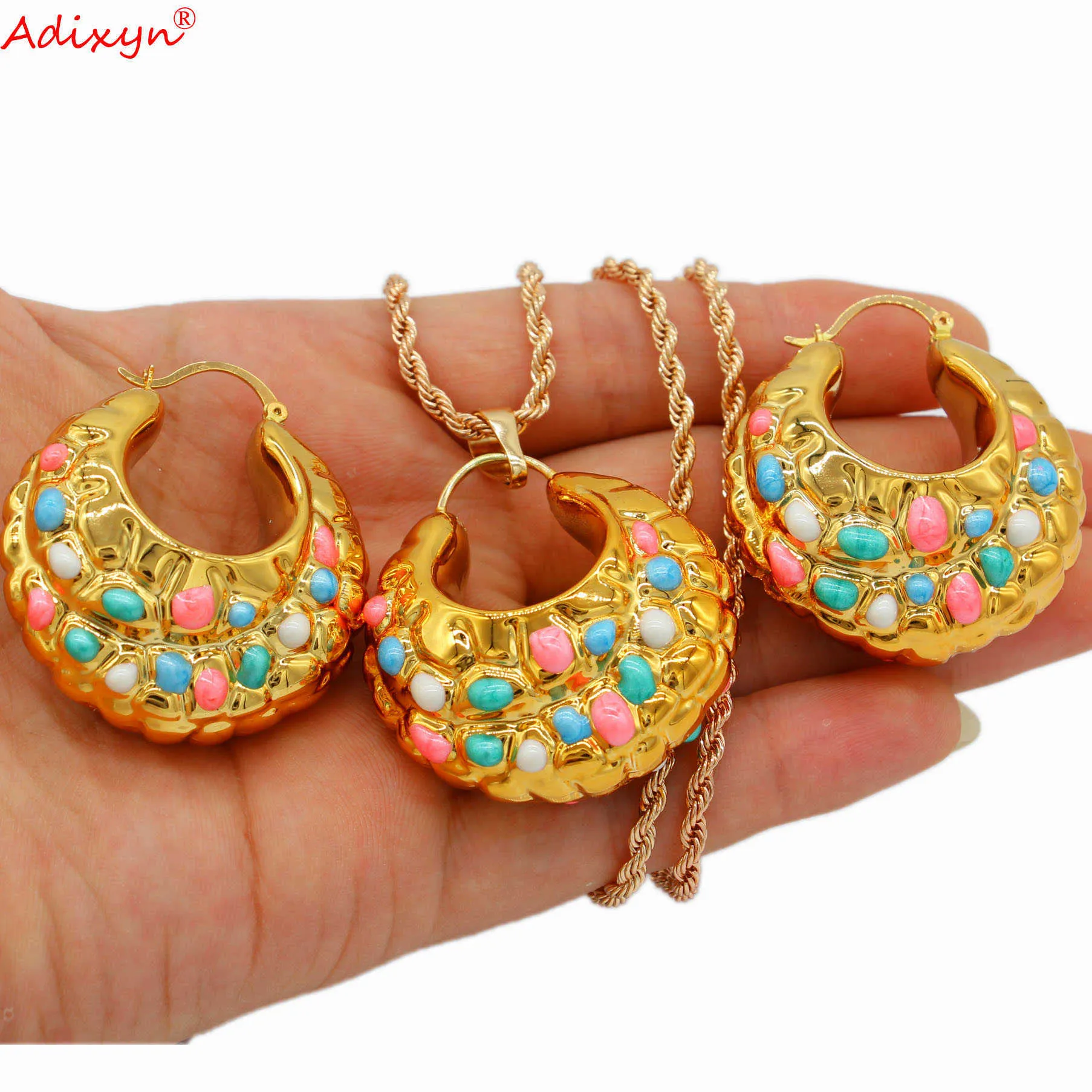 Adixyn luxe multicolore ensemble de bijoux couleur or pendentif collier boucles d'oreilles pour femmes filles fête anniversaire ethnique cadeaux n04223 H1022