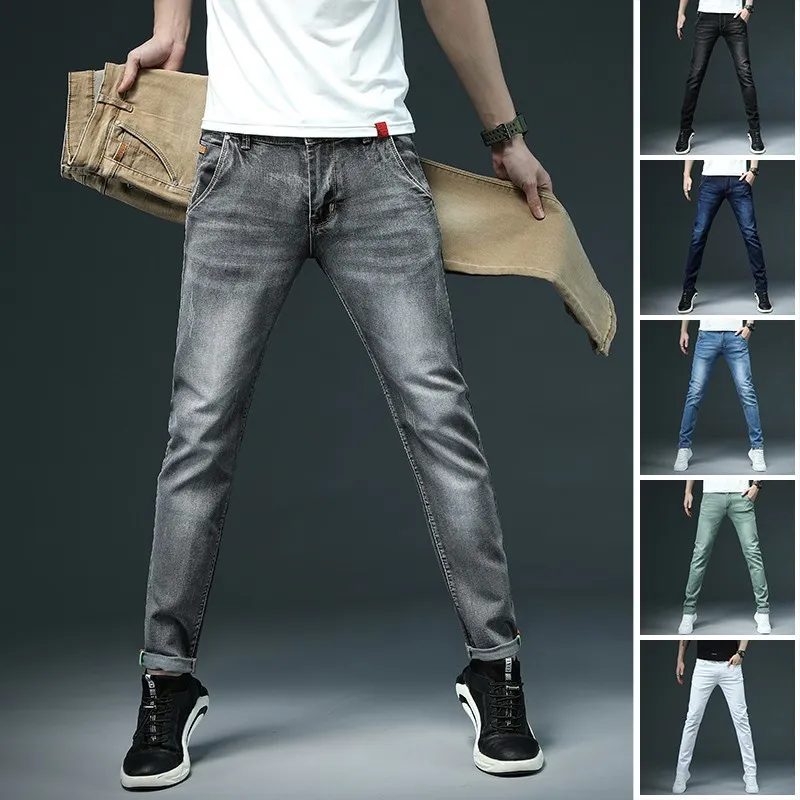 Casual Men Pants Cotton Slim Straight Jeans Fashion Business Design Colorful Men's Business Jeans 6 färger 210318