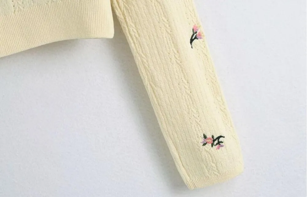 Bahar Nakış Çiçek Delik Fransa Hırka Kadın Kazak Retro Merkez Düğmeleri Uzun Kollu Örme Üstleri Vintage Triko 210429