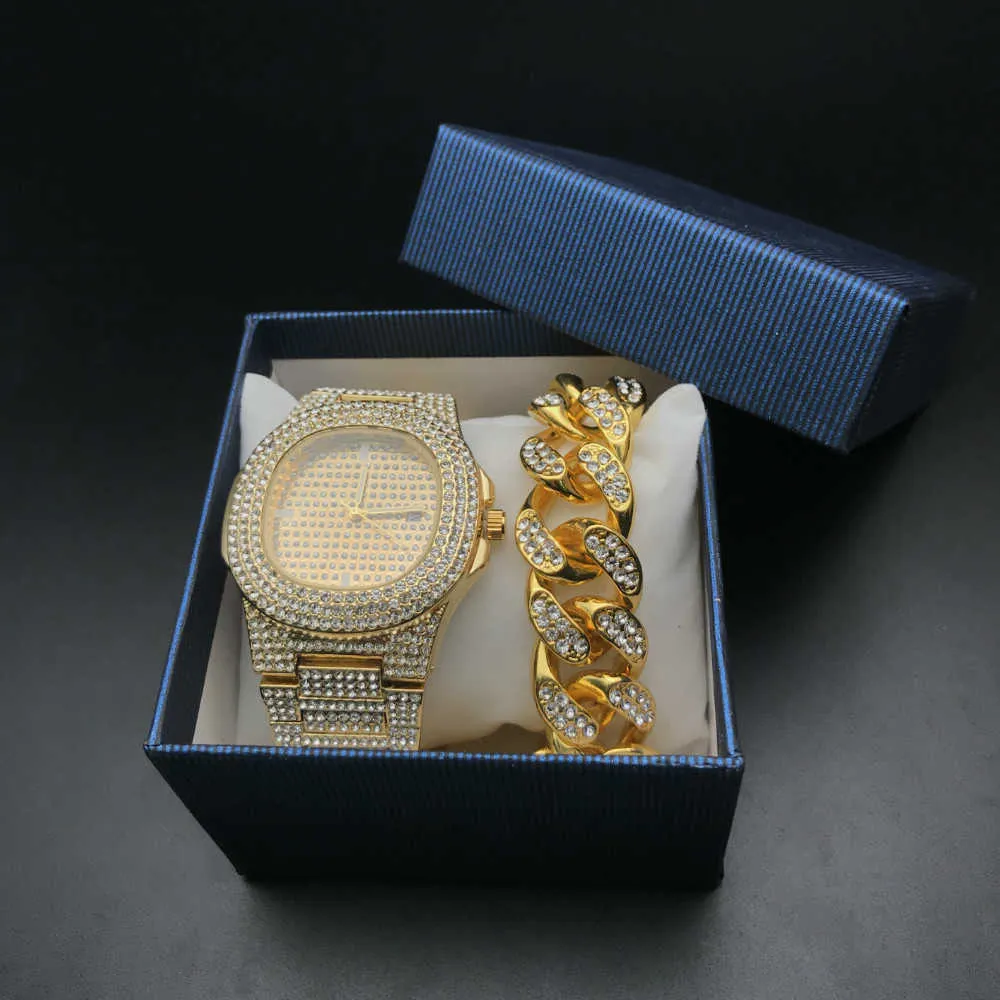 Luxus Männer Gold Silber Farbe Uhr Armband Combo Uhr Set Kristall Miami Eis Aus Kubanischen Braclete Kette Hip Hop Jewerly für Männer H1022