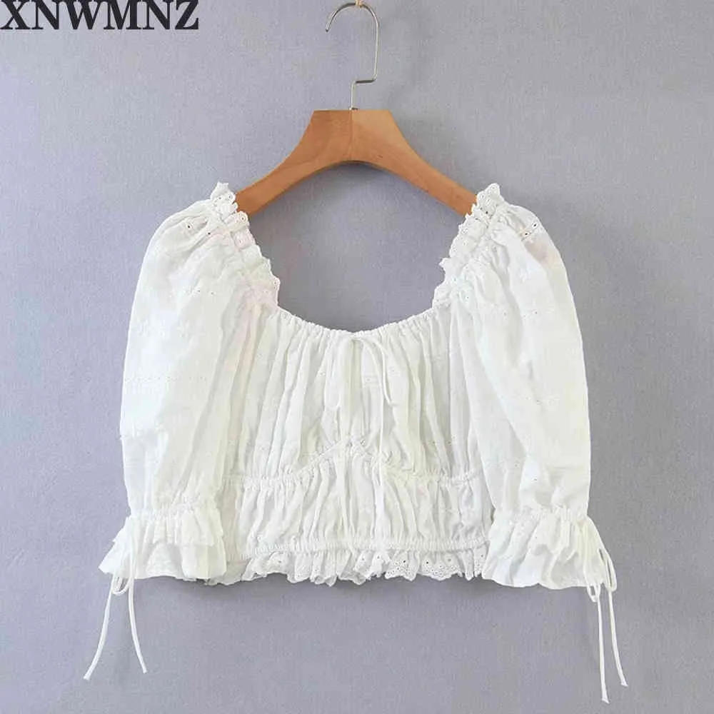 top For love Fresh cotton eyelet crop blouse scallop dramatic sleeves Scoop neckline tops 210520