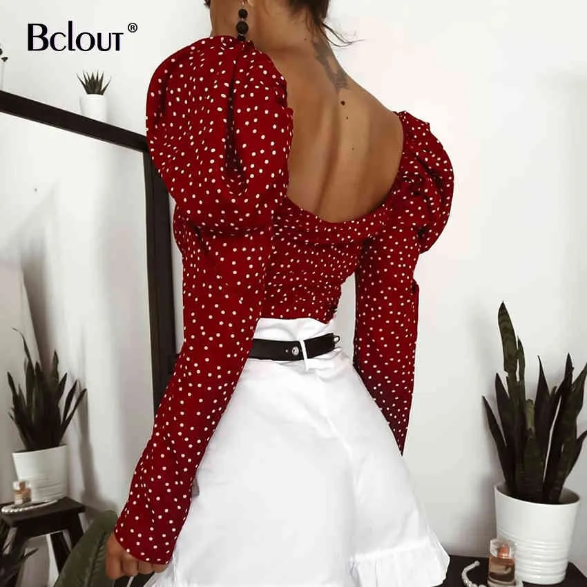 Sexy Crop Top Backless Polka Dot Shirts Women Lace Up Red V-Neck Puff Sleeve Woven Women's Blouse Autumn Summer Streetwear 210326