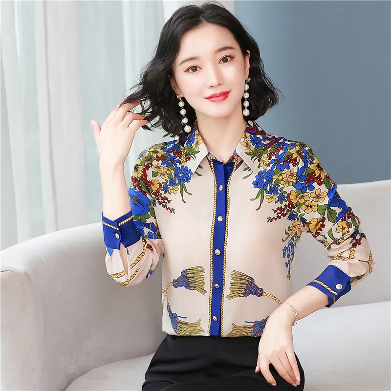 Camicia da donna primavera autunno coreano stampa retrò risvolto camicetta casual sottile e sottile manica lunga femminile top LL777 210506