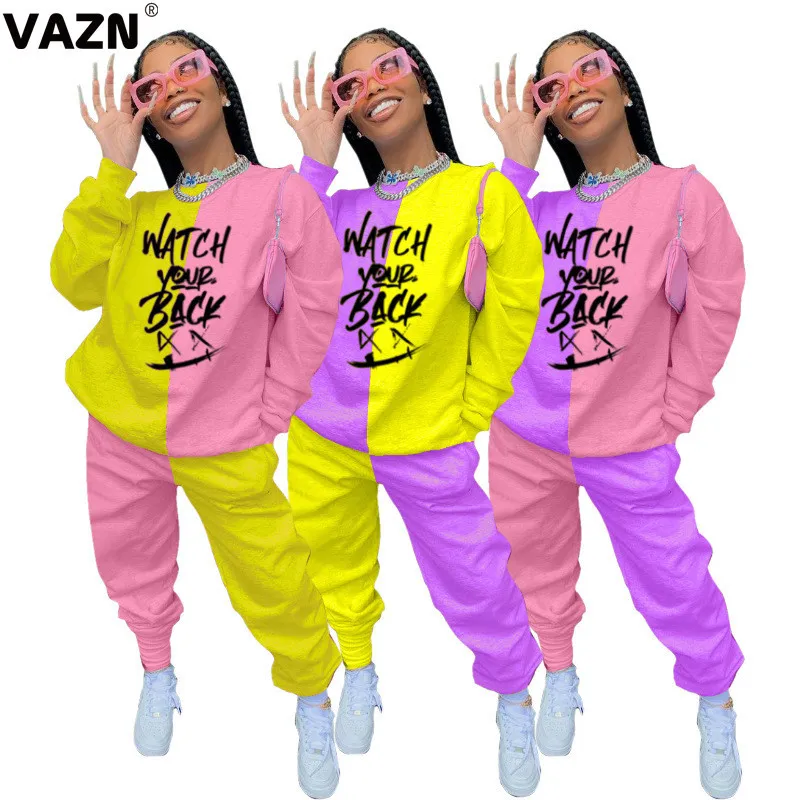 VAZN 2020 Femmes Hip Pop Fille Lettre Avec Patchwork Imprimer Ensemble Vêtements De Sport Costume De Sport Femmes À Manches Longues Survêtement X0428