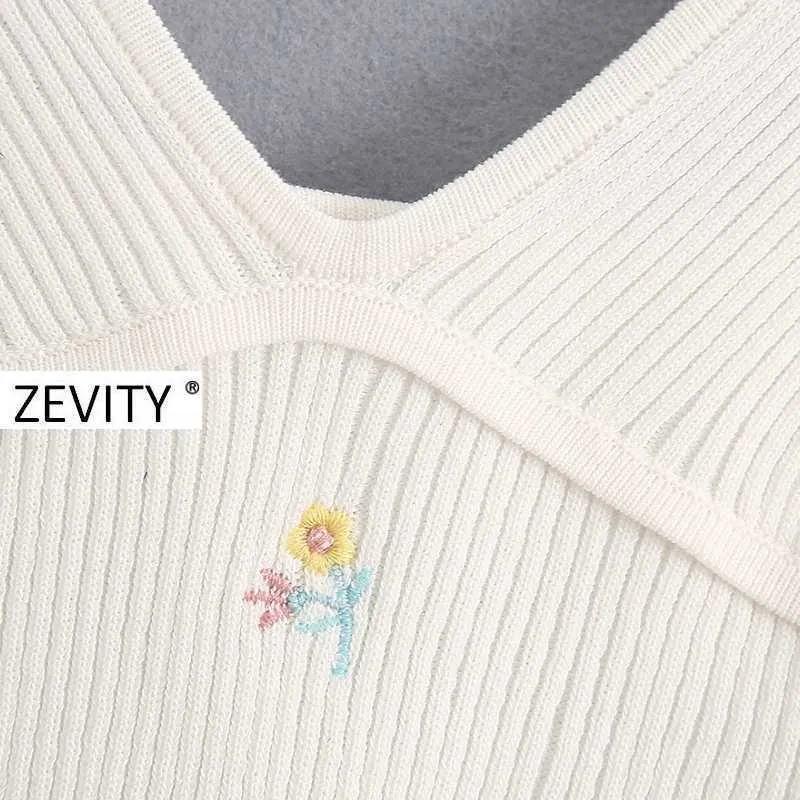 Zevity Mujeres Moda Floral Bordado Camis Tank Tops Ropa de verano Mujer V Cuello Punto Casual Slim Sling Chaleco Crop Tops LS6984 210603