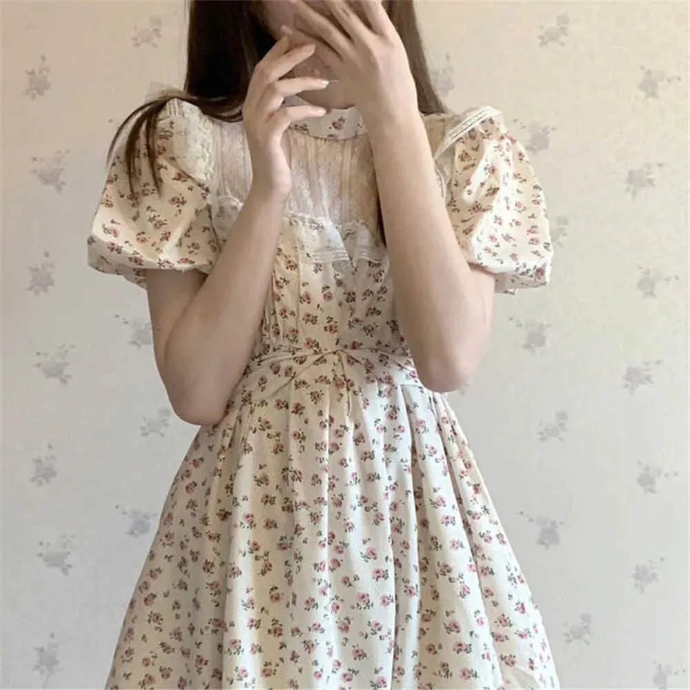 Vintage Summer Floral Lace Dress Woman Mori Girl Boho Puff Sleeve Mini Woman Dress Chicda Femme Sweet A-Line Vestidos 210619