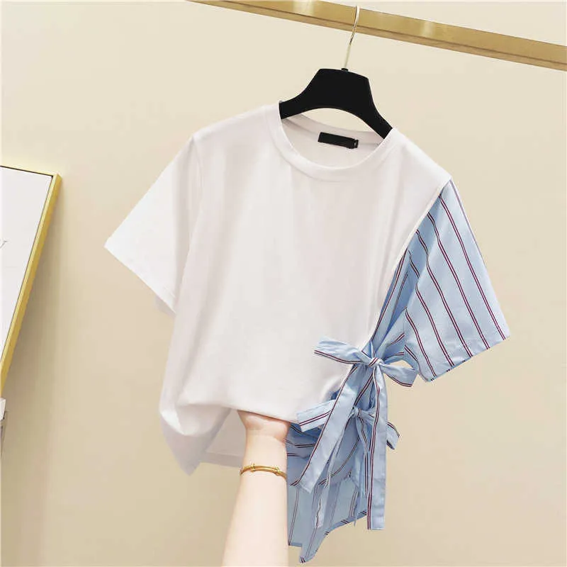 T-shirt de manga curta mulheres verão coreano-estilo selvagem moda senhoras camisetas roupas listradas 210615