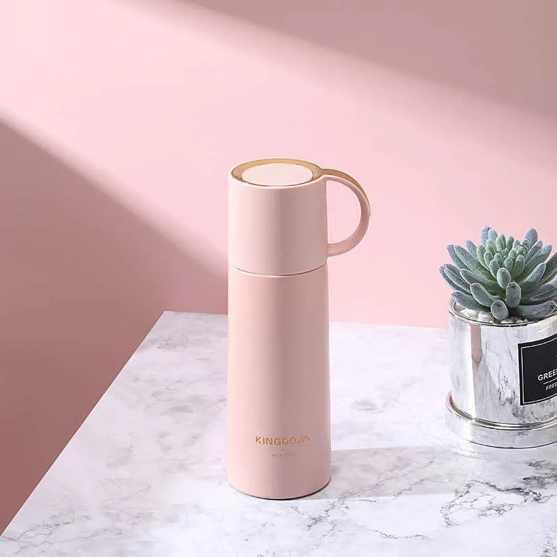 cute Vacuum flask Stainless Steel Thermos for Women men lovers student Insulation Cup Tea Milk Travel Gift mug With handle 210615