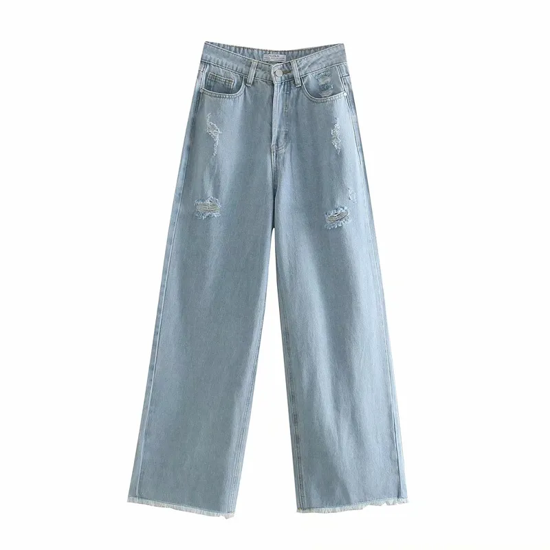 VUWWYV bleu Baggy déchiré jean pour femmes été jambe large femme taille haute mode Streetwear pantalon tourner vers le haut garniture 210430