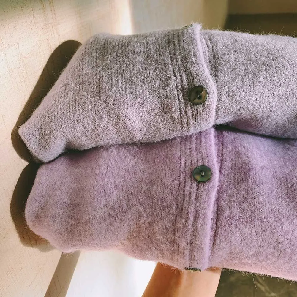 重工業の花染色！妖精の紫ライムシェルバックルボトムリング厚い編み彫刻カーディガン女性の短編スタイルのセーター210529