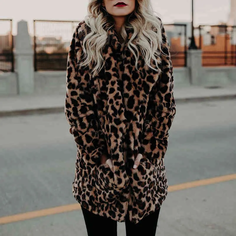 Moda abrigo de invierno abrigo de mujer de lujo de manga larga con cuello de solapa estampado de leopardo de lana grueso cálido Midi de talla grande 3XL 211220