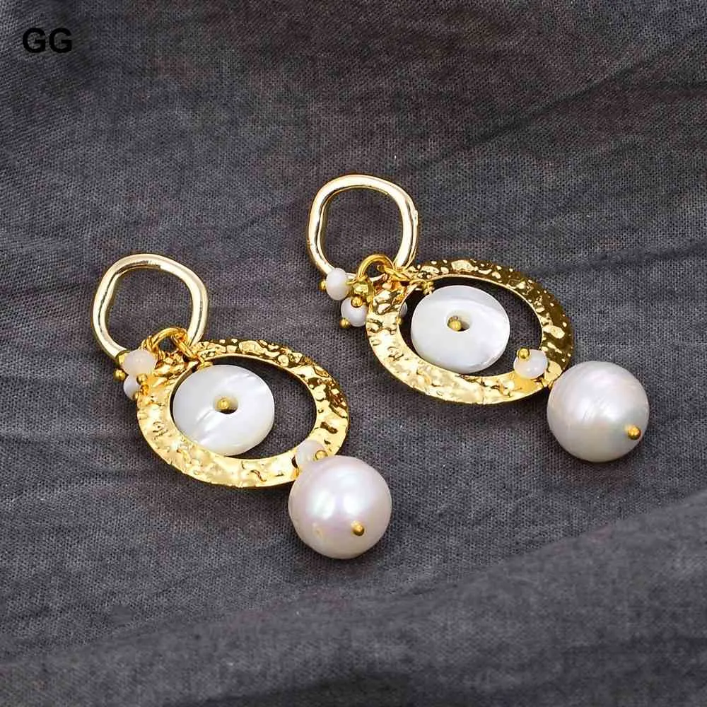 JK – boucles d'oreilles pendantes en forme de pièce de monnaie de riz blanc naturel, faites à la main, en perles de cristal plaquées or, cercle