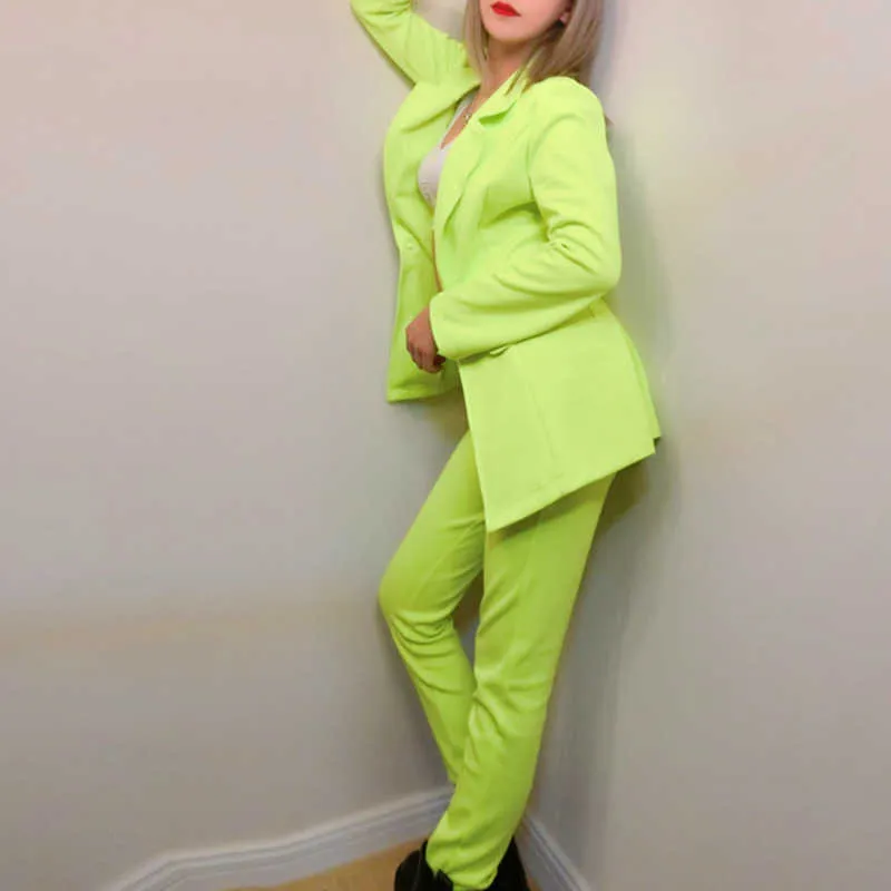 [DEAT] Printemps Mode Manches longues Bouton unique Blazer vert Taille haute Pantalon Femme Costume deux pièces 13Q262 210527