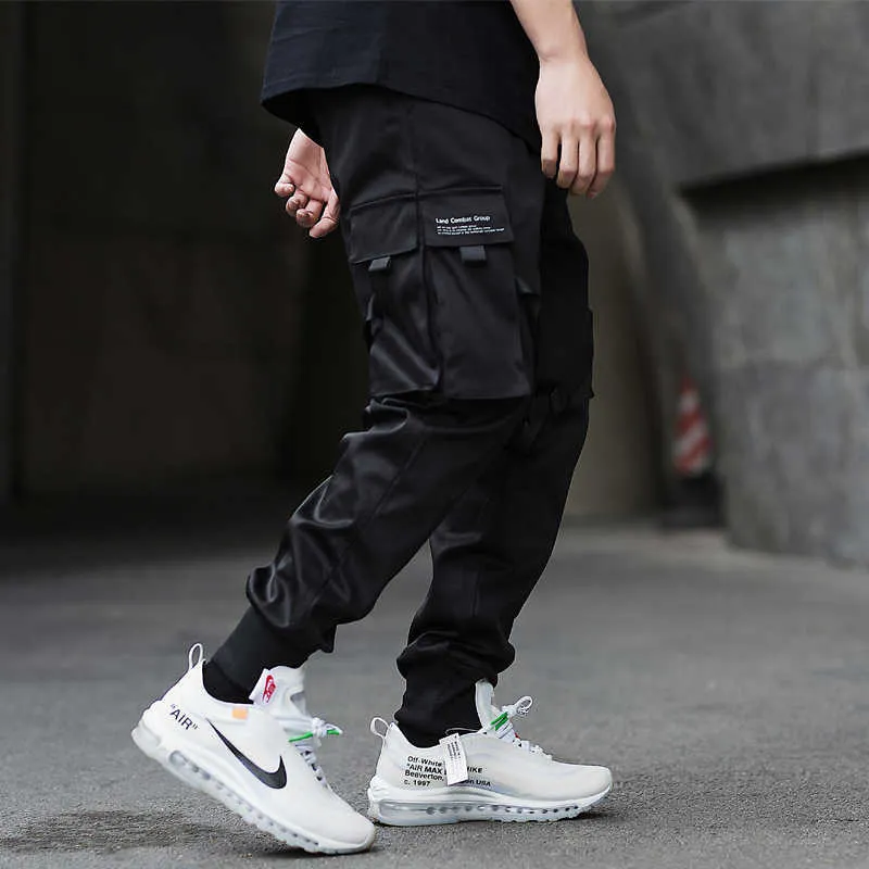 Ribbons Cargo Pants Men Casual Streetwear Harajuku Hip Hop Trendy casual youth slim pants Stylish Men's Jogger Trousers 210715